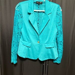 Chic Teal Lace Sleeve Blazer